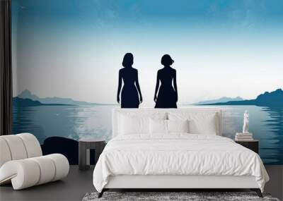 Beauty in Motion: Two Lovely Ladies Strolling Toward the Water, Generative AI Wall mural