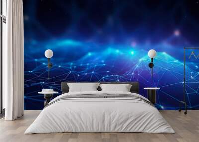 Blue Science Background with Digital Flow and Connecting Points. Futuristic Technology Concept with Big Data Compounds in 3D Rendering. Generative AI Wall mural