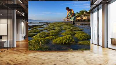 Blue Seaweed Farm in Nusa Penida, Bali. Farmers Collecting Fresh Seaweed From The Sea for Agriculture and Sustainable Food Growing: Generative AI Wall mural