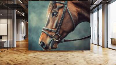 Bridle for Beautiful Brown Horse: Portrait of a Farm Animal with Fast Horse in Focus Wall mural