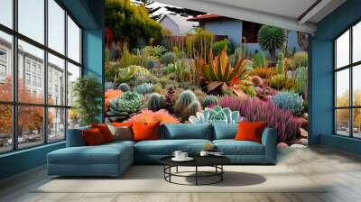 California Dreamin': Beautiful Drought-Tolerant Landscaping with Succulents, Agave, and Cacti - A Colorful and Conscious Approach to Botany in a 16:9 Image: Generative AI Wall mural