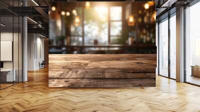 Chic Pub Interior: Retro Wooden Table in Cozy Blur of Sunset Cityscape Wall mural