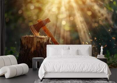 Chopped Wood. Lumberjack's Axe in Stump with Piles of Firewood in Summer Light Wall mural