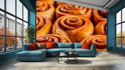 Cinnamon Roll Delight: Closeup of Freshly Baked Bun with Delicious Cinnamon Aroma on Brown Background. Generative AI Wall mural