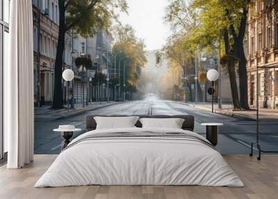 City Street Day. Empty Urban Road with Morning Light in Downtown Vilnius, Lithuania Wall mural