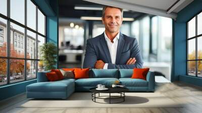 Confident Middle-Aged Businessman Posing for Head Shot in Office Interior - Career, Financial, and Startup Concept Wall mural