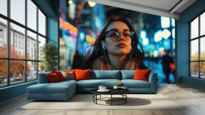 Cool Portrait. Charming Brunette Hipster Enjoying Electronic Music in Urban Night Scene Wall mural