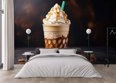 Delicious Caramel Frappuccino Served on Marble Table in Cafe. Fresh and hot drink with whipped cream Wall mural