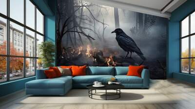 Eerie Evening: A Black Crow Emerging from Smoke in a Dark Forest at Full Moon: Generative AI Wall mural