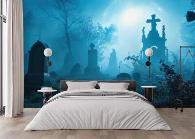 Eerie Graveyard. A Dark and Mysterious Cemetery Landscape with Fog and Spooky Tombstones under the Full Moon Wall mural