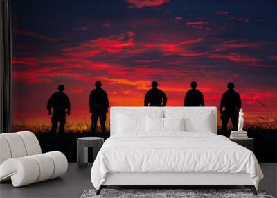 Fight Army. Silhouettes of Military Soldiers on Sunset Sky Background Wall mural