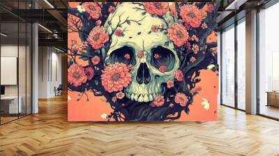 Floral Halloween Skull Illustration: A Celebration of Halloween and Nature Wall mural