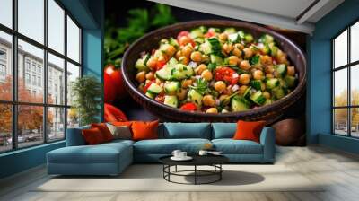 Fresh and Healthy Chickpea Salad with Tomatoes and Cucumbers on Wooden Background. Perfect Diet Food for Nourishment Wall mural