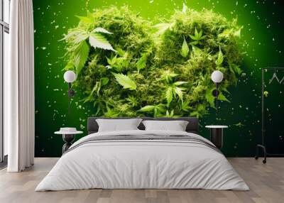 Ganja Love: A Heart-Shaped Marijuana Leaf on Green Background: Generative AI Wall mural