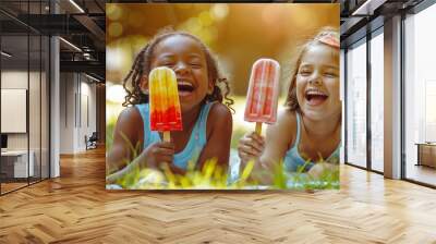 girls lying in the grass with ice cream, generative ai Wall mural