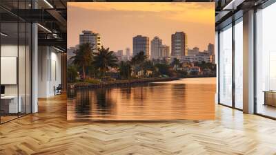 Golden Hour in Lagos, Nigeria: Skyline of Victoria Island - City Landscape and Enchanting Evening Landscape in West Africa. Generative AI Wall mural