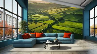 Green Fields. Aerial View of Rural Wales Farmlands from Up High Wall mural