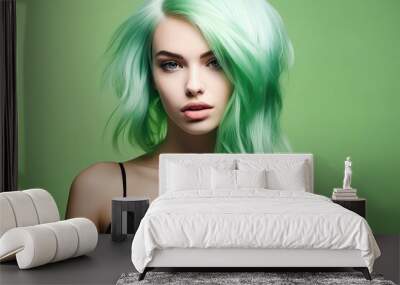 Green Hair Beauty: Fashion Model with Perfect Makeup and Healthy Dyed Hair in Colorful Coiffure Wall mural