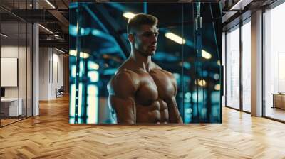 Gym man. Attractive athlete with muscular body and abs in gym background Wall mural