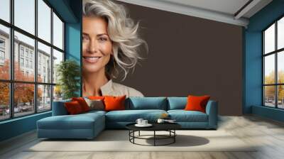 happy beautiful mid aged woman on color background, generative ai Wall mural