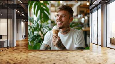 happy man eating ice cream in an eco-friendly restaurant, generative ai Wall mural