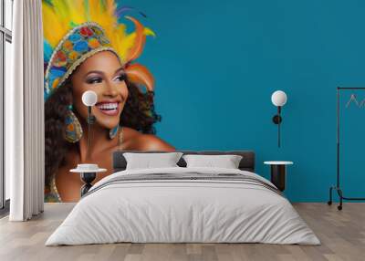 happy woman in carnival costume on color background, generative ai Wall mural