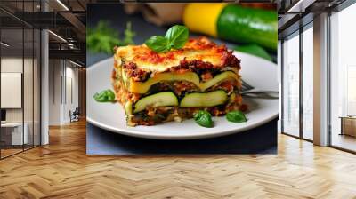 Healthy Courgette Lasagna Bolognese. Baking dish dinner with cheese. Delicious Vegetarian Food Option: Generative AI Wall mural