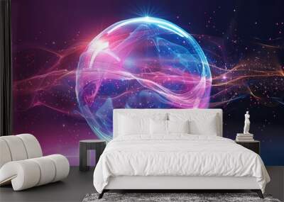 Hi-Tech. Abstract Energy Sphere Glowing with Particle Waves in Digital Abstract Background Wall mural