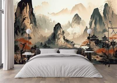 Ink-Drawn Landscape: Chinese-Style Mountains Adorning a Traditional Art Background: Generative AI Wall mural