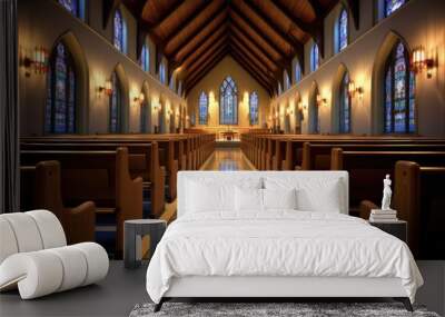 Inside of a Church: Stained Glass Windows Illuminate the Aisles of a Beautiful Cathedral with an Altar at the Front Wall mural