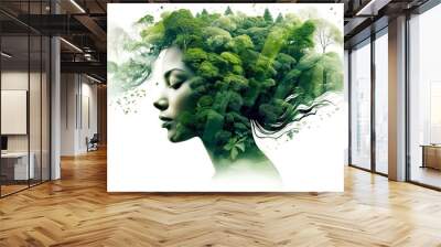 Isolated Double Exposure Effects for Women with Attractive Green Tree. Gorgeous Natural and Meditative Eco-friendly White Background. Generative AI Wall mural