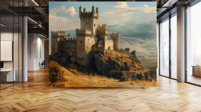 Landscape Castle. A Distant Medieval Fortress in Stone Tower Architecture Wall mural