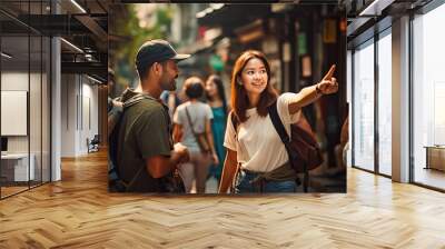 Lost in Siam: Young Female Tourist Asking for Directions and Help from Local People on Her Asia Holiday: Generative AI Wall mural