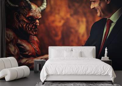 Making a Pact: A Sinister Deal Between Businessman and Devil for Career Achievement Wall mural