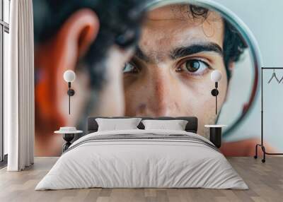 Man In Mirror. Self-Reflection of a Guy's Ego and Face at Home Wall mural