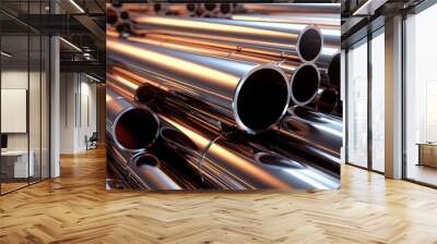 Many Shades of Steel: 3D Rendered Metal Pipes in Various Profiles and Economical Tubes. Generative AI Wall mural