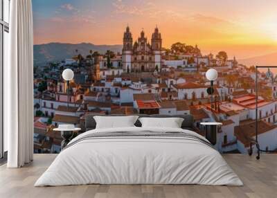 Mexico Tourism. Sunset Panorama of Historic Taxco City, showcasing its Unique Architectural Beauty Wall mural