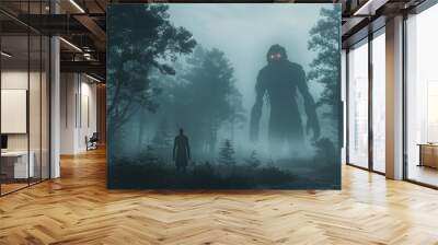 Monster Scary in Foggy Night Forest. Horror and Fear in Dark Landscape Wall mural