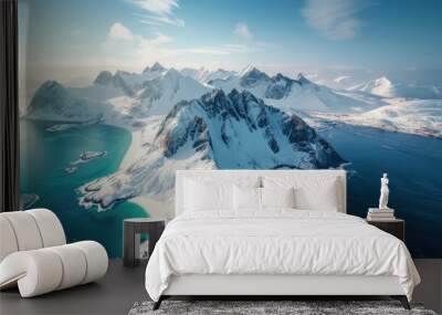 Mountains In Winter. Aerial View of Reine Bay with Snow Covered Mountains in Lofoten Islands, Norge Wall mural