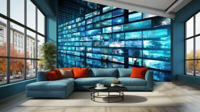 Multimedia Screens. Technology and Cyberspace Concept with Images Flow across Multiple Digital Monitors: Generative AI Wall mural