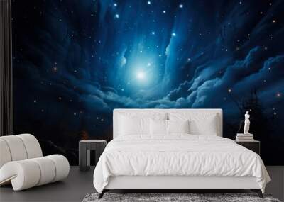 Nativity Sky: Celebrating the Birth of Jesus Christ in Bethlehem. A Beautiful Dark Blue Starry Sky with a Bright Star. Wall mural