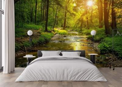 Nature Stream. Beautiful Green Landscape with Forest Stream in Spring Wall mural