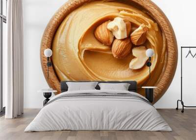 Nut Butter. Creamy Peanut Butter in Round Dish on White Background, Closeup View Wall mural