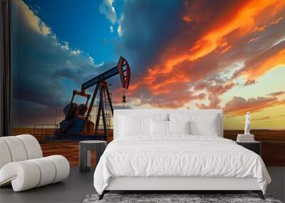 Oil and Gas Drilling: Equipment on Onshore Desert Rig. Powering the Energy Industry with Shale and Gas Wells Amidst Dramatic Cloudscape. Generative AI Wall mural