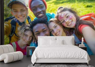 Outdoor Trip. Multicultural Young Friends Taking a Selfie on a Spring Day Outdoors Wall mural