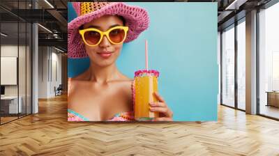 portrait of woman in colorful knitted summer outfit with cocktail, generative ai Wall mural