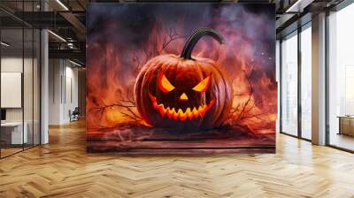 Spooky Halloween Pumpkin on Wooden Planks with Autumn Background and Stripes Banner: Generative AI Wall mural