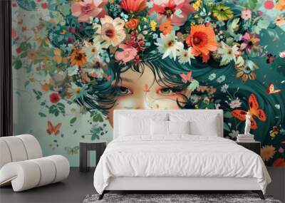 Spring Cartoon Botanist. Woman Illustration with Abstract Flowers in Cartoon Style Wall mural