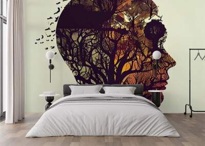 The Mindscape: Brain Tree Silhouette Illustration for Conceptual Thinking, Generative AI Wall mural