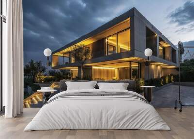 Twilight Luxury: Modern Villa Exterior with Waterfront View Wall mural